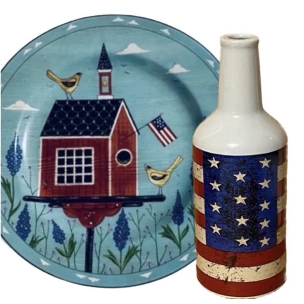 2 Warren Kimble “Colonial” Pottery Stoneware Jug & “Birdhouse” Plate